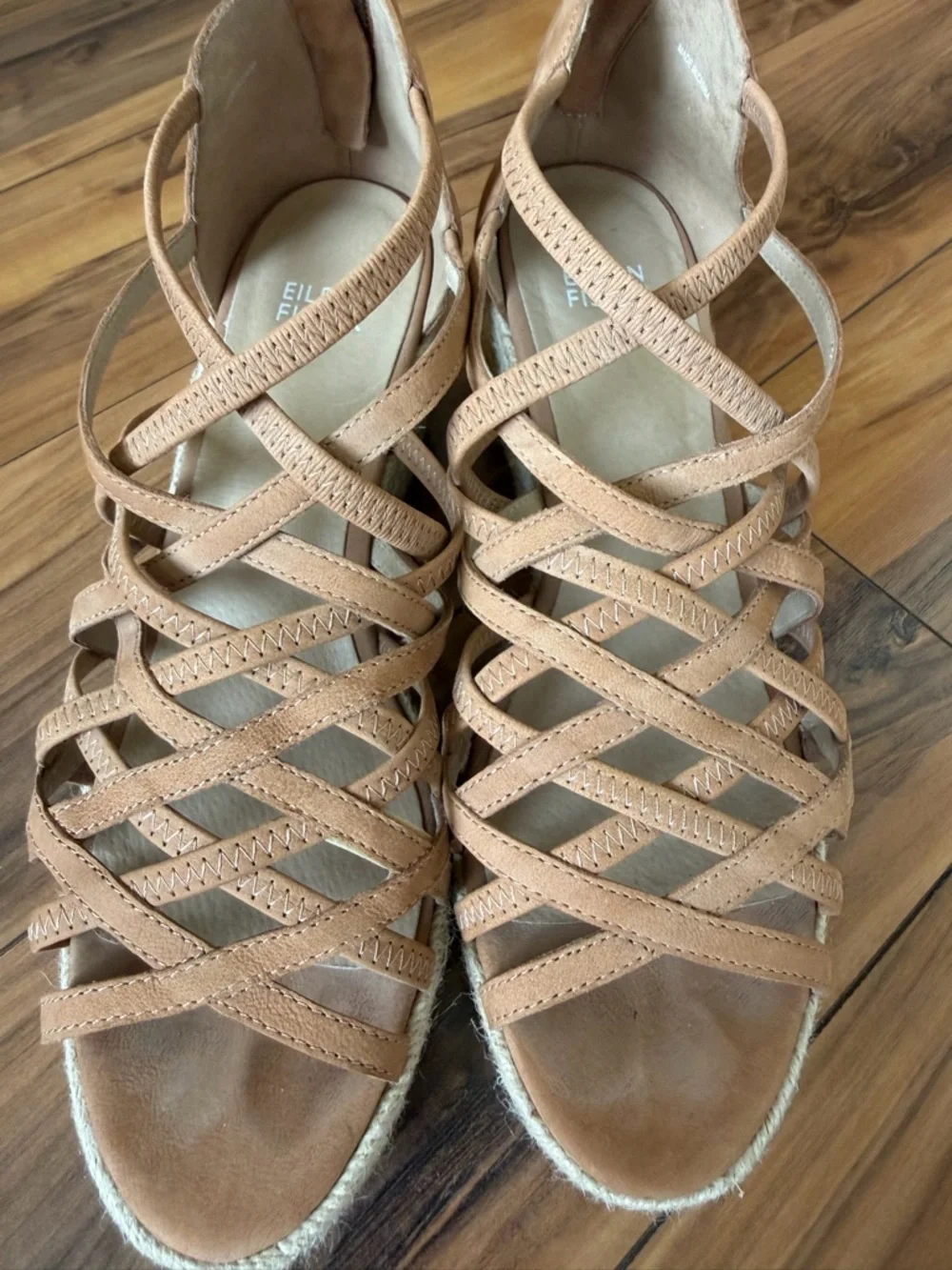Eileen Fisher Tan Crisscross Espadrille Wedge Sandals
